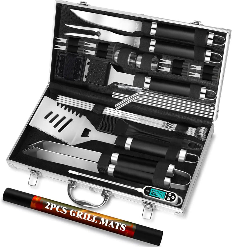 ROMANTICIST 30pcs BBQ Grill Tool Set for Men Dad, Heavy Duty Stainless Steel Grill Utensils Set, Non-Slip Grilling Accessories Kit with Thermometer, Mats in Aluminum Case for Fathers Day Black by GreenHaven Gardens