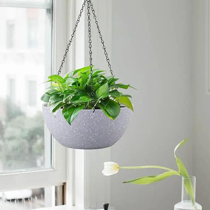13 inch Large Hanging Planters Plant Pots for Outdoor Indoor Plants with Drainage Holes and Chain, 2 Pack Round Hanging Flower Pots for Garden Home Porch Decor, Speckled Grey by GreenHaven Gardens