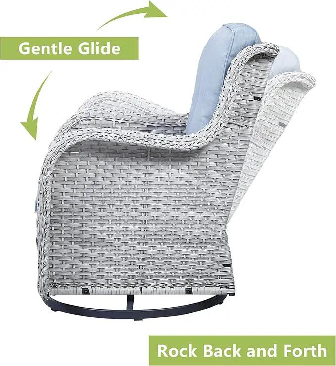 Outdoor Patio Swivel Rocker Chairs - 3 Piece Patio Bistro Set,Wicker Patio Furniture Set with 2 Swivel Rocking Chairs and 1 Glass Top Side Table for Deck Porch Garden,Light Grey/SkyBlue by GreenHaven Gardens