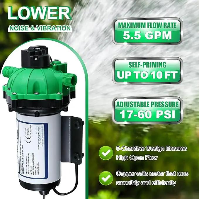 Dreyoo Water Diaphragm Pump, 115V AC, 5.5 GPM, 60 PSI Rated Pressure, 1/2" Threaded MNPT Self Priming Diaphragm Pressure Pump with Pressure Switch for Home, RV, Garden Agricultural Irrigation (Green) by GreenHaven Gardens