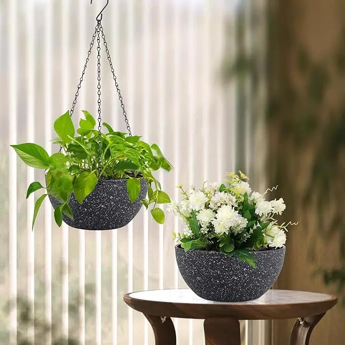 12 inch Large Hanging Planters for Indoor Outdoor Plants, 2 Pack Hanging Flower Pots with Drainage Holes and Chain for Garden Porch, Plastic Hanging Baskets for House Plants, Speckled Black by GreenHaven Gardens