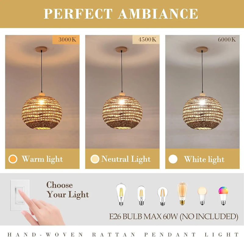 Boho Pendant Lights Kitchen Island Rattan Lights Fixture for Dining Room 15.8" Hand-Woven Chandelier Weaving Hanging Ceiling Light for Restaurant Living Room Bedroom Foyer Hallway by GreenHaven Gardens