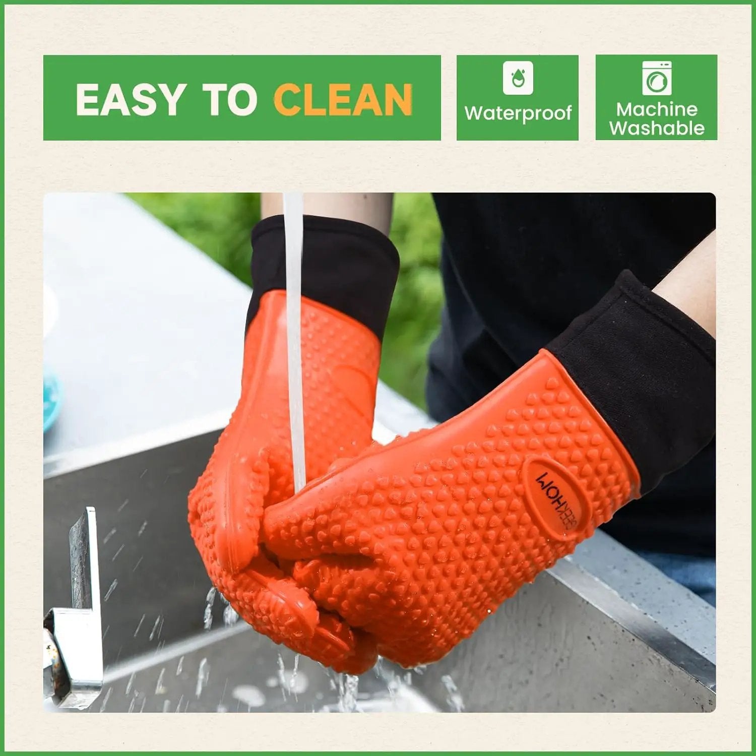 GEEKHOM BBQ Gloves Heat Resistant Oven Mitts - Silicone Grilling Gloves with 13.7" Arm Protection - Waterproof Pot Holder Non-Slip for Men & Women, Kitchen Outdoor Cooking, Baking, Camping, Orange by GreenHaven Gardens