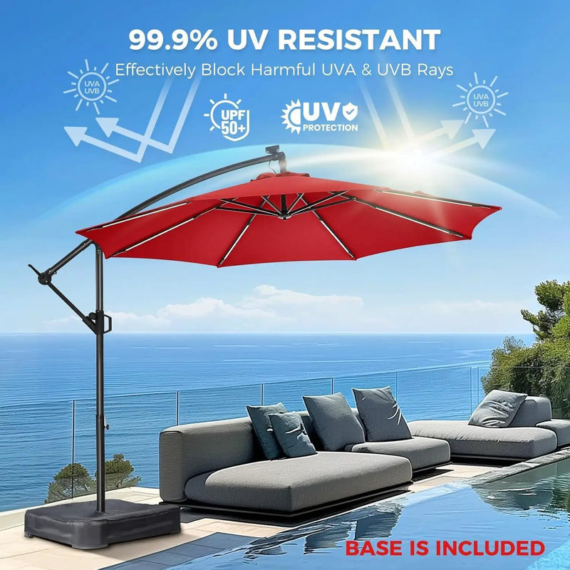 HOMSHADE 10ft Solar Lights Offset Cantilever Patio Umbrella with Light and Base, LED Lighted Offset Hanging Patio Outdoor Market Umbrella UPF50+ UV Protection with Easy Tilt and Crank, Red by GreenHaven Gardens