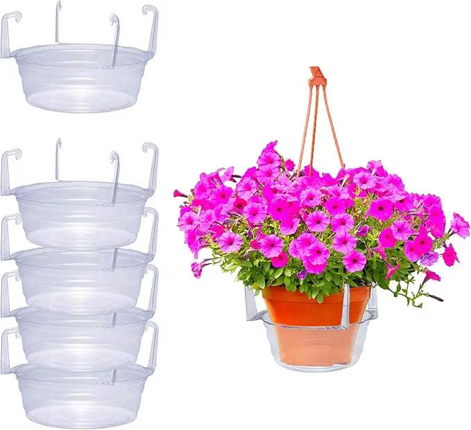 Curtis Wagner Plastics Hanging Basket Drip Pans (5-Pack) | Clear, Round (Diameter = 7.37" Base, 10" Top, 3.7" Depth) Hanging Plant Tray Saucer with Built-in Hooks & Water Catcher for Indoor & Outdoor by GreenHaven Gardens