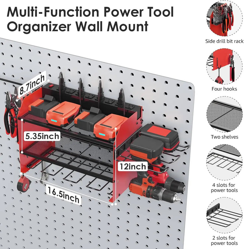 CCCEI Modular Power Tool Organizer Wall Mount Charging Station, Red 6 Drills Holder with 8 Plug Power Strip, Garage Drill Battery Heavy Duty Metal Shelf, Utility Rack with Hooks, Side Storage. by GreenHaven Gardens