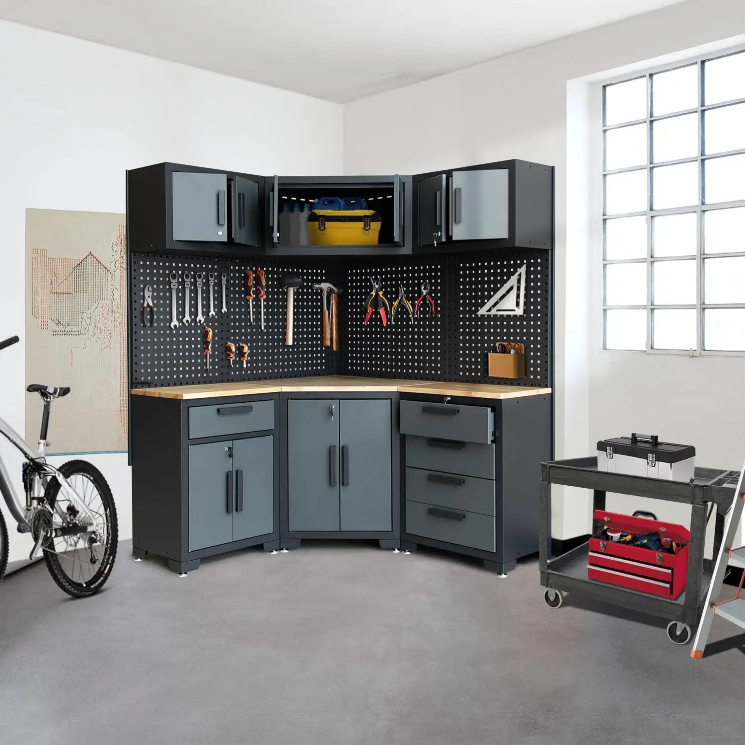 Garage Storage Cabinet System - 8-Piece Set with Corner Cabinet, Drawers, Workbench, Pegboard for Tool Organization - Black and Grey by GreenHaven Gardens