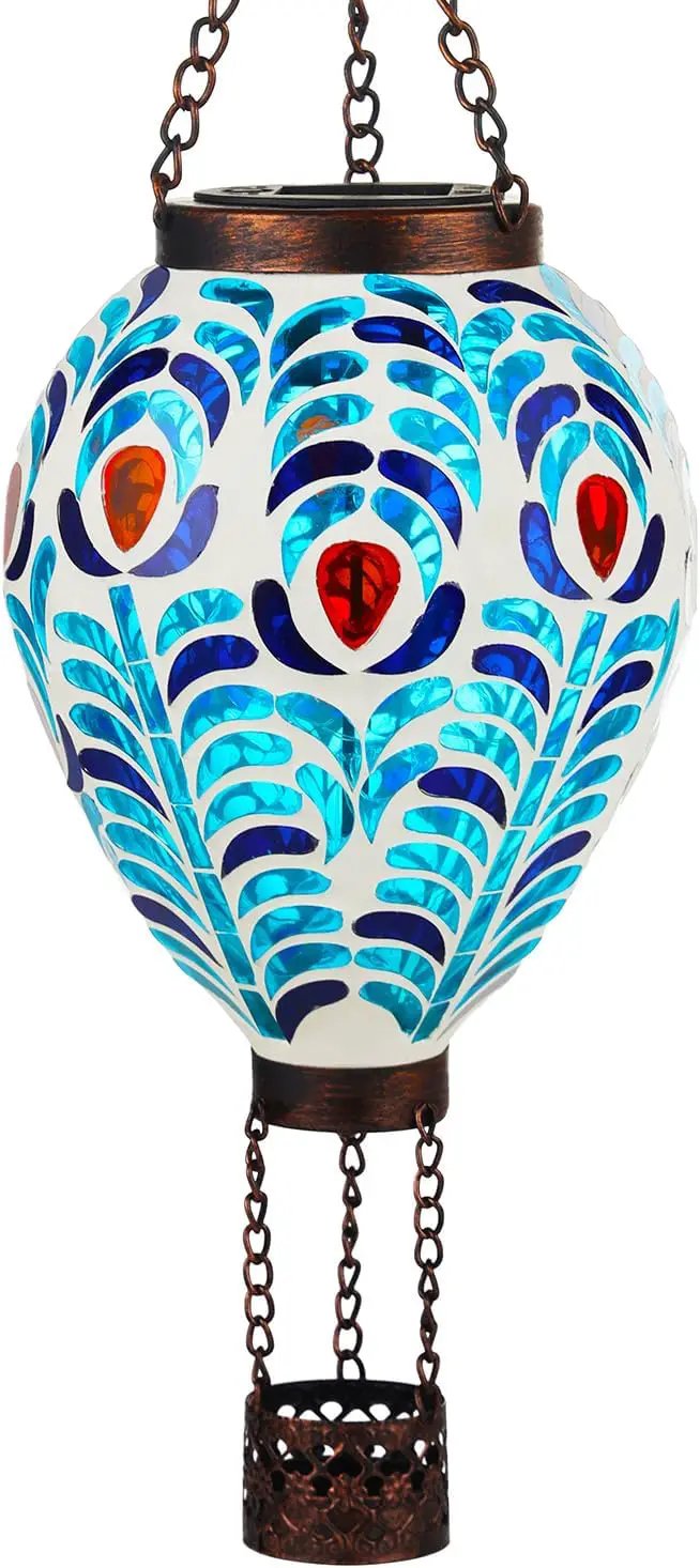 VOREEN Hot Air Balloon Solar Lantern, Mosaic Solar Outdoor Hanging Wind Light, Waterproof, Patio Festive Decor, Easter Gifts for Mom Father Grandma, Peacock Feather Design by GreenHaven Gardens