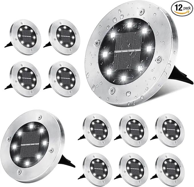 ODEETRONIC Solar Ground Lights, 12 Packs 8 LED Solar Disk Lights, Outdoor in-ground Light Waterproof, Round Solar-Powered Puck Light Flat Lamps for Landscape Pathway Yard Garden Walkway, Cool White by GreenHaven Gardens