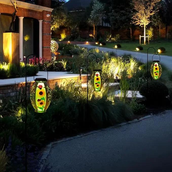 2 Pack Sunflower Solar Lantern,Retro Solar Lanterns Outdoor Waterproof,Stained Glass & Metal Hanging Solar Lantern,LED Tabletop Lamp Solar Lights,Sunflower Outdoor Solar Lanterns for Pathway by GreenHaven Gardens