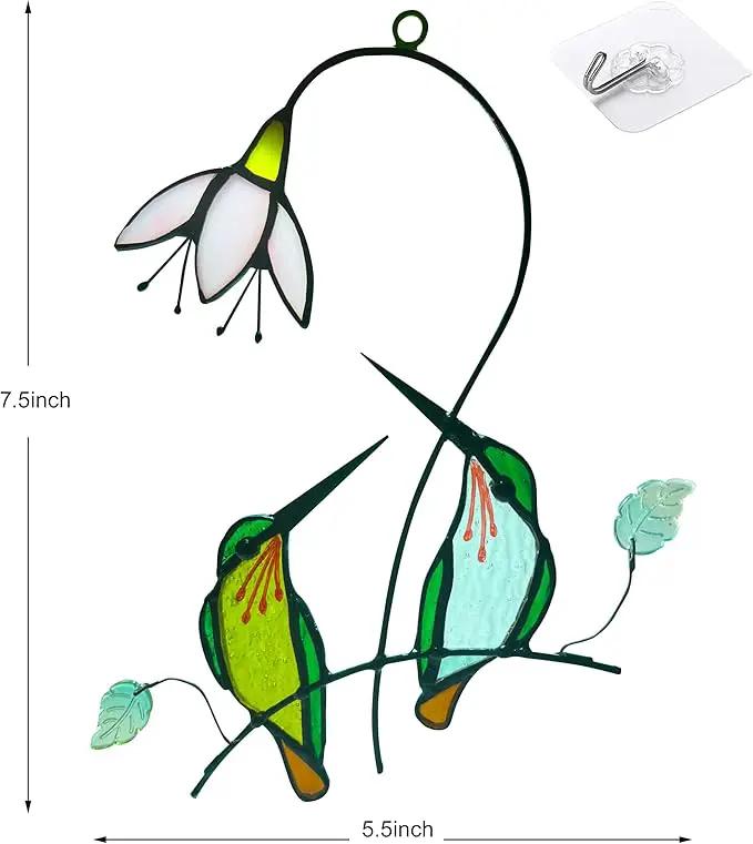 Hummingbird with Flower Stained Glass Suncatcher Bird Stained Glass Window Hangings Hummingbird Gift for Women Home Decor by GreenHaven Gardens