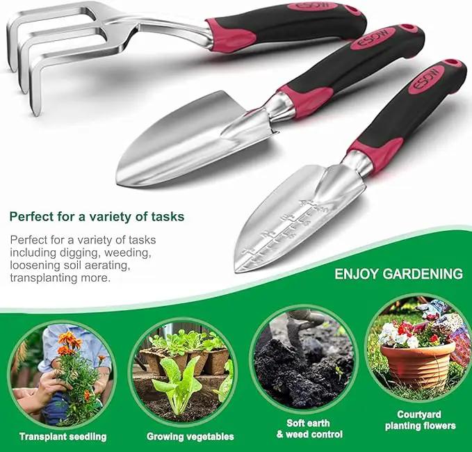 ESOW Garden Tool Set with Non-Slip Rubber Handle, 3 Piece Cast-Aluminum Heavy Duty Gardening Kit Includes Hand Trowel, Transplant Trowel and Cultivator Hand Rake, Red by GreenHaven Gardens