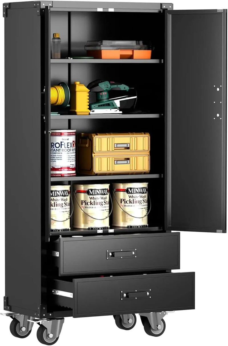 Metal Storage Cabinet with 2 Drawers, Garage Tool Cabinet on Wheels for Home Office Garage,Assembly Required,Black by GreenHaven Gardens