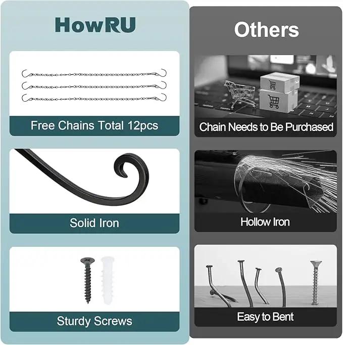 Plant Hangers Outdoor, 4 Pack 16 Inch Plant Hooks with 12 Chains for Wall Metal Plants Hanging Bracket for Bird Feeder, Flower Baskets, Wind Chimes, Lanterns, Indoor Outdoor, Black by GreenHaven Gardens