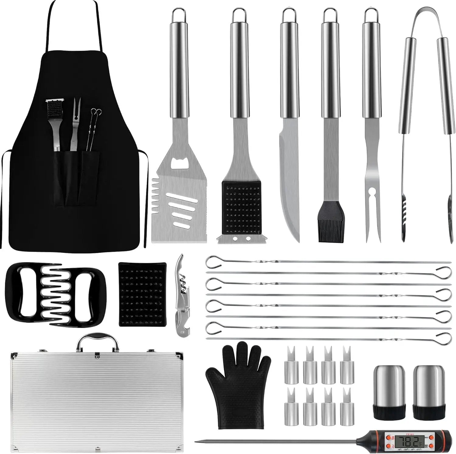 BBQ Accessories Grill Tools - Grilling Gifts for Men Dad, 32Pcs Heavy Duty Stainless Steel Barbecue Grill Accessories for Outdoor Grill with Aluminum Case and Apron, Dad Men Gifts for Christmas by GreenHaven Gardens