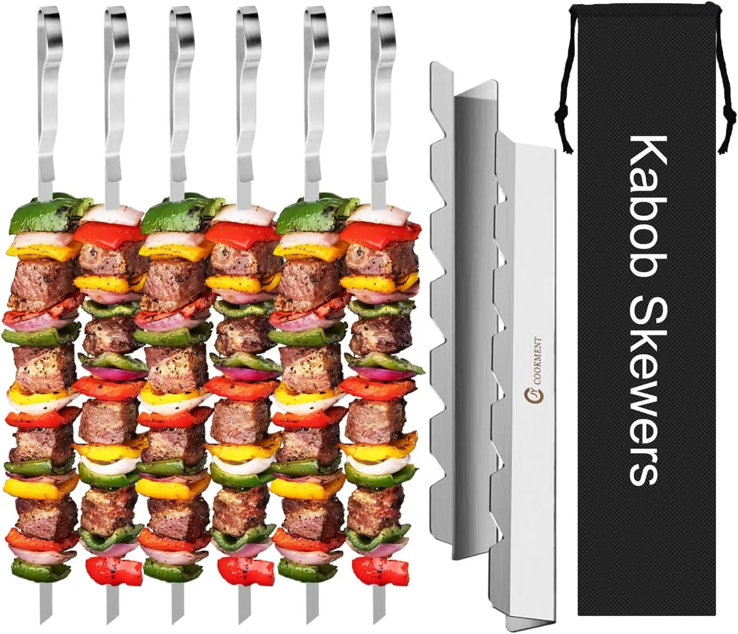 Kabob Skewers Stainless Steel Long BBQ Barbecue Skewers, Flat Metal Kebob Sticks Wide Reusable Grilling Skewers for Meat Chicken,Set of 9 Including 2 barbeecue rack with Storage Bag by GreenHaven Gardens