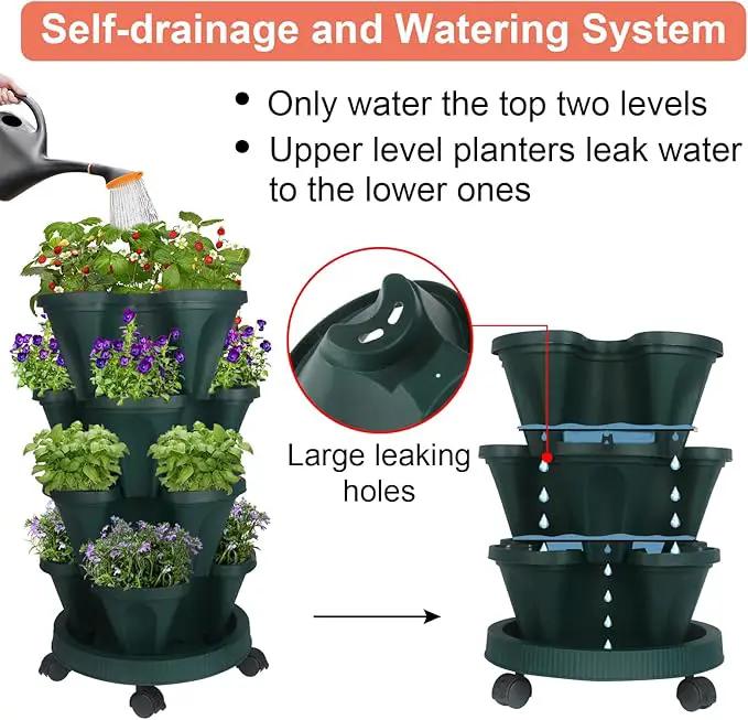 Vertical Planter 4 Tier Stackable Planters Garden Planters Strawberry Herb Flower and Vegetable Planter Indoor Outdoor Gardening Pots with Removable Wheels and Tools 2-Pack by GreenHaven Gardens
