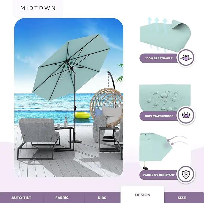 Midtown Umbrellas 10-Year-No-Fade - 8 Ft - UV Proof Aqua Polyester Fabric - Umbrella Outdoor Patio, Auto-Tilt Aluminum Frame Patio Umbrella for Garden, Pool & Deck - Black Pole by GreenHaven Gardens
