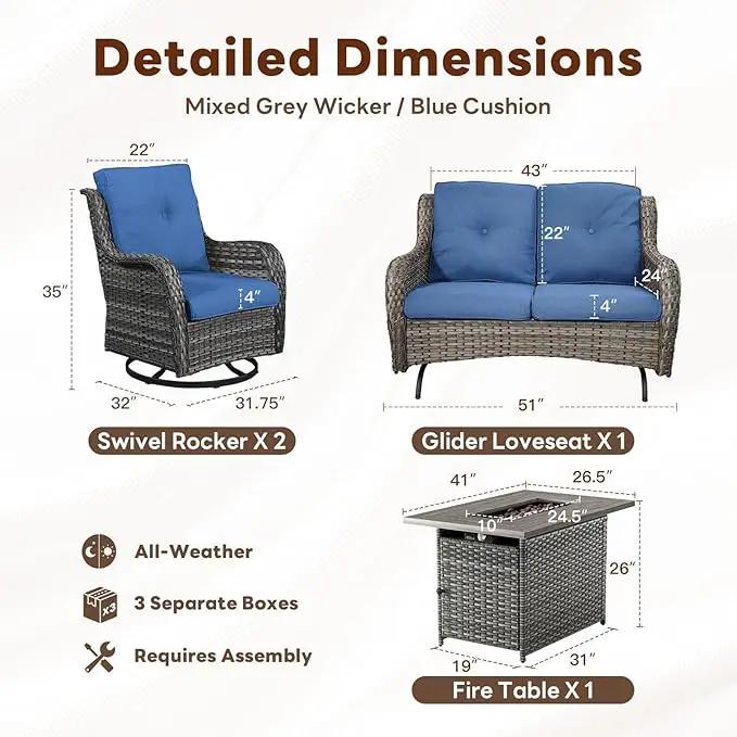 4 Piece Patio Furniture Set with Fire Pit Table - 41inch 50000 BTU Propane Fire Pit Table with High Back Loveseat Glider Chair and 2 Swivel Rocker Chair for Casual Gathering by GreenHaven Gardens