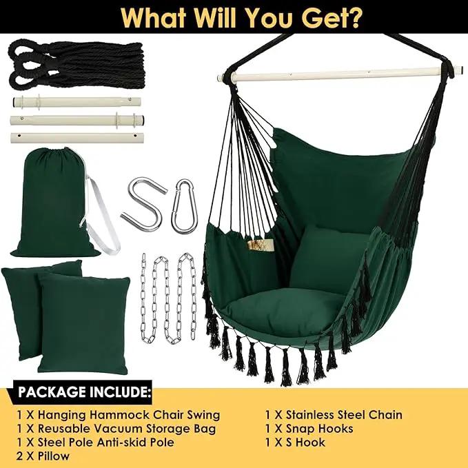 Y- STOP Hammock Chair Hanging Rope Swing, Max 500 Lbs, 2 Cushions Included, Large Macrame Hanging Chair with Pocket for Superior Comfort, with Hardware Kit, Green by GreenHaven Gardens