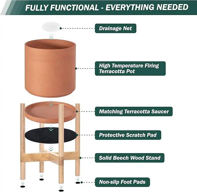 D'vine Dev Terracotta Planter with Natural Stand - 8 Inch Modern Round Flower Pot with Wood Planter Holder, Terracotta, 55-B-N-5 by GreenHaven Gardens