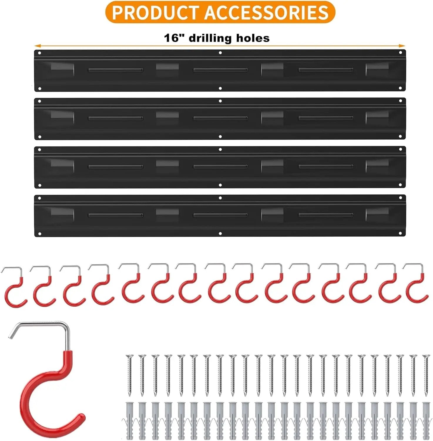 WALMANN All Metal 64 Inch Wall Mount Garden Tool Organizer for Garage, Mop and Broom Holder, Yard Tool Storage Rack for Rake, Shovel, Spade, Mop, Broom(4 Rails, 16 Hooks) by GreenHaven Gardens