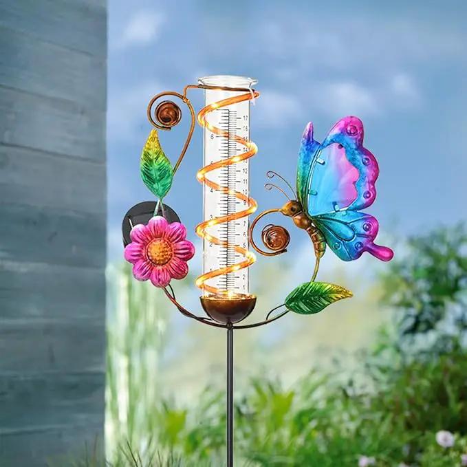 BAYN 36.3” Rain Gauge Outdoor Solar Powered 10 LEDs 7” Tube Garden Butterfly Metal Decorative Stake with Waterproof Large Glass Tube Rain Guage for Yard, Garden, Patio, Lawn by GreenHaven Gardens