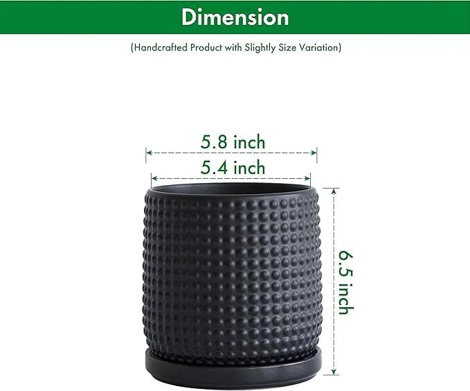 D'vine Dev Set of 2 Ceramic Plants Pots, 6 Inch Beaded Stoneware Flower Pot for Plants with Drainage Hole and Saucer, Ebony Matte, 27-E-X-6 by GreenHaven Gardens