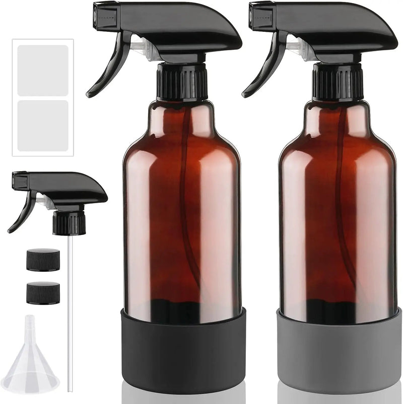 Glass Amber Spray Bottles with Silicone Sleeve, 2 Pack 16.9oz Refillable Containers with Adjustable Spray Nozzles, Empty Spray Bottle for Cleaning Solutions, Hair, Plants, Essential Oils (Black+Grey) by GreenHaven Gardens