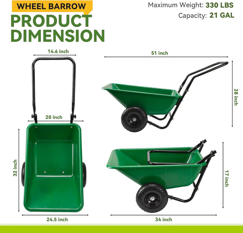 Folding Dual-Wheel Wheelbarrow,Heavy-Duty 330 LB Garden cart,10 inch Air-Filled Tires,Home Garden Yard Utility for Outdoor Lawn Yard Farm Ranch(Green) by GreenHaven Gardens