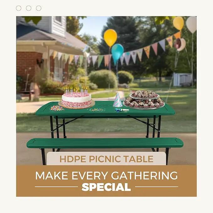 OEF Furnishings Heavy Duty Blow Molded Folding Picnic Table - Green, Black Frame by GreenHaven Gardens