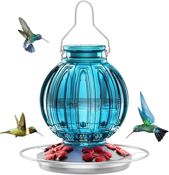 Glass Hummingbird Feeder for Outdoors Hanging, 26Oz Bird Nectar Feeder with Perch & 5 Flower Feeding Ports, Leak Proof for Outside Garden Decor Backyard, Gifts for Women Mom, Blue by GreenHaven Gardens