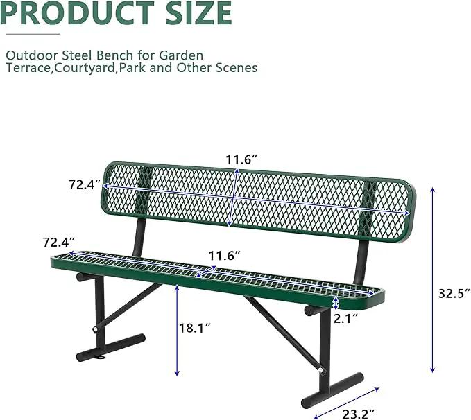 Heavy Duty Park Bench with Back Portable Frame, Outdoor Steel Bench with Backrest, Outdoor Park Bench Expanded Metal Mesh Bench for Lawn, Park, Deck, Garden, Patio, Porch, Black (Green, 6FT) by GreenHaven Gardens