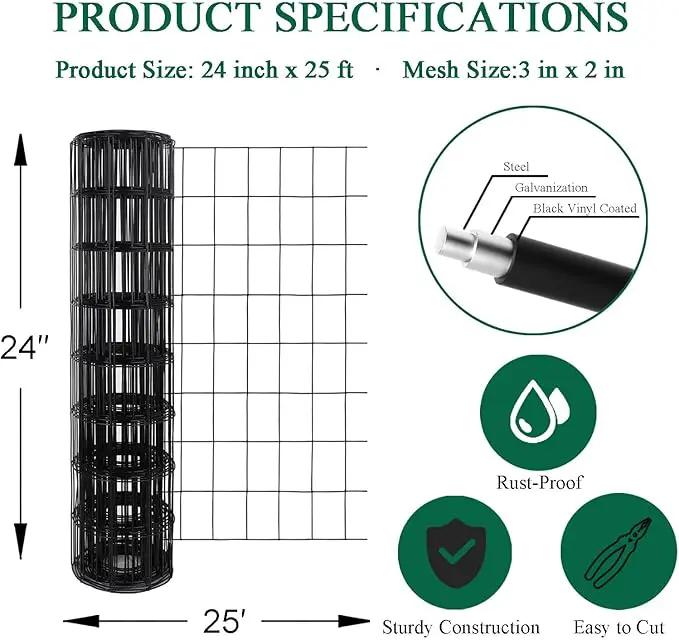 Black PVC Coated Welded Wire Fence 24 Inch x 25 Foot, 2 Inch x 3 Inch 16GA, Garden Border Fencing Roll Vinyl Coating Metal Wire Mesh for Yard Vegetable Plant Protection Poultry Netting by GreenHaven Gardens
