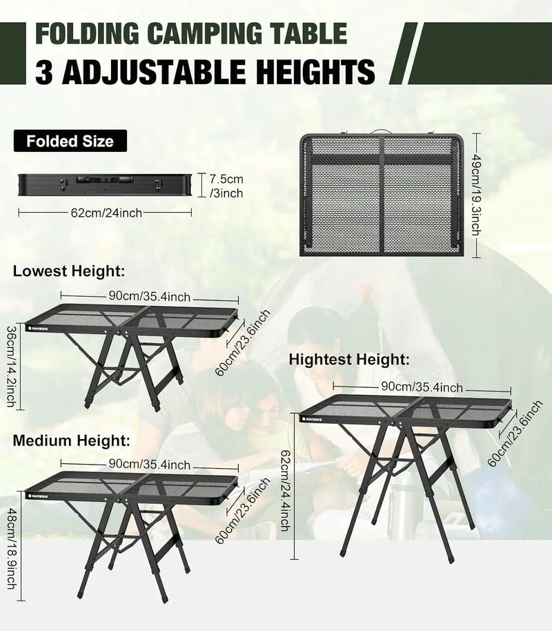 Foldable Grill Table with Mesh Desktop, 200lbs 3Ft Portable Folding Table, Height Adjustable Metal Table for Ourdoor, Camping, Picnic, BBQ and Beach, RV, 35.4" L x 23.6" W by GreenHaven Gardens