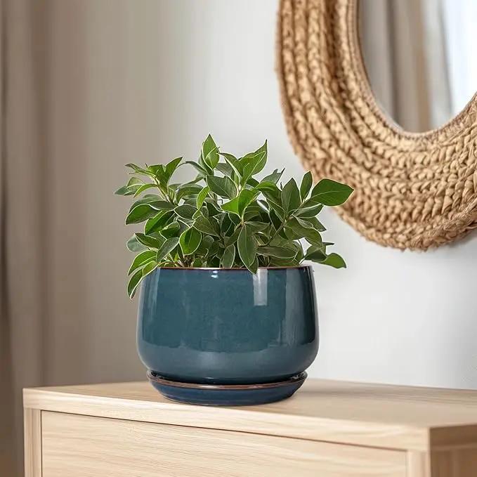 G EPGardening Ceramic Plant Pots - 9 Inch Round Modern Planter Indoor with Drainage and Tray for Indoor Outdoor Flower, Office Decor, Gardening Gifts, Retro Blue by GreenHaven Gardens
