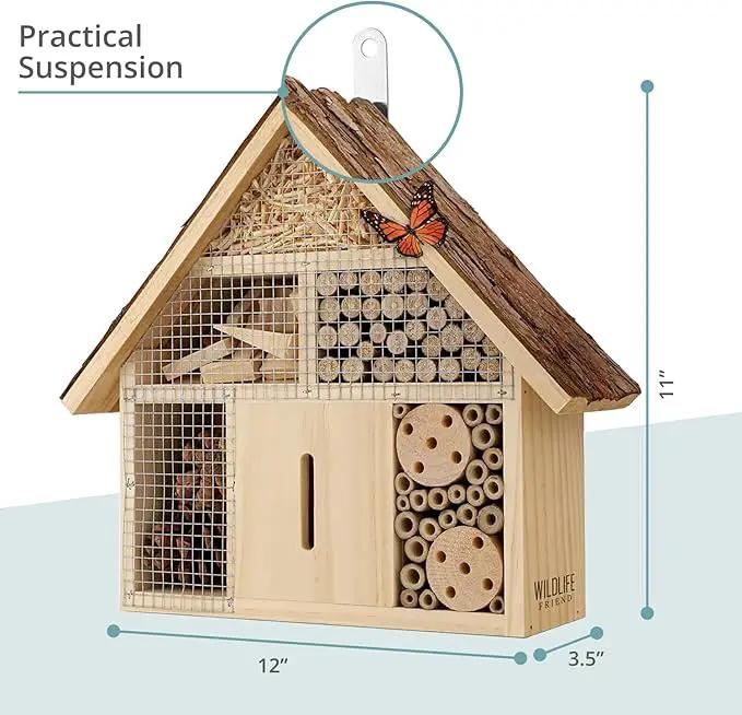 Small Insect Hotel with Bark Roof - Untreated Natural Wood Insect House for Bees, Ladybugs, Lacewings & Butterflies - Nesting Aid for Hanging, Bee Hotel by GreenHaven Gardens