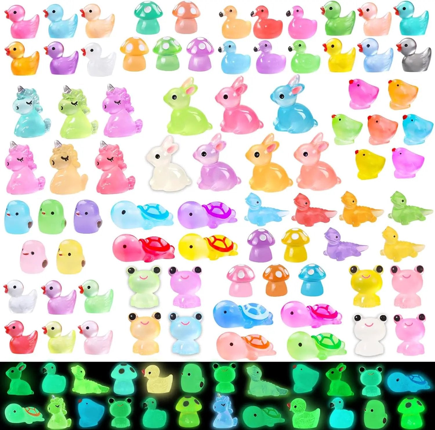 113pcs Luminous Mini Resin Animals, Glow in The Dark Miniature Resin Animal Figures Tiny Small Little Ducks Turtle Bulk for Dollhouse Micro Landscape Aquarium Fairy Garden DIY Decorations by GreenHaven Gardens