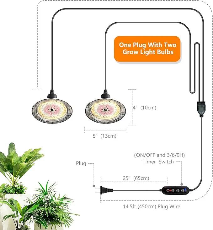 Grow Light Bulbs Indoor Plants Lights Adjustable Cord,Timer, Full Spectrum Plant Growing Lamp for Seedling,Greenhouse,Seedlings (2 Lights (14.7ft)) by GreenHaven Gardens