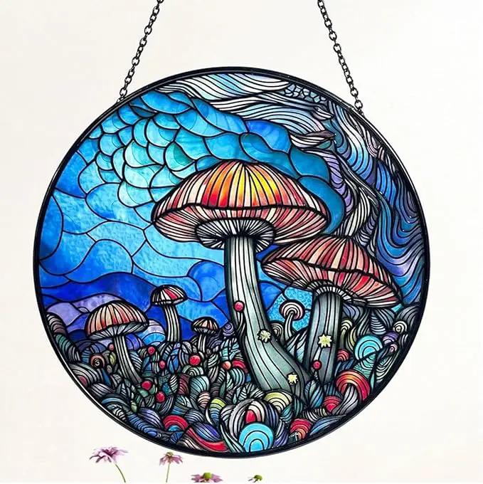 Stained Glass Window Hanging - 7.8‘’ "Enchanted Forest Mushroom Suncatcher for Home and Office Décor Sun Catcher Circular Artwork by GreenHaven Gardens