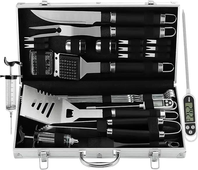 Grilljoy 24PCS BBQ Grill Tools Set with Meat Thermometer and Injector - Extra Thick Stainless Steel Fork, Spatula& Tongs - Complete BBQ Accessories in Aluminum Case - Perfect Grill Gifts for Men by GreenHaven Gardens