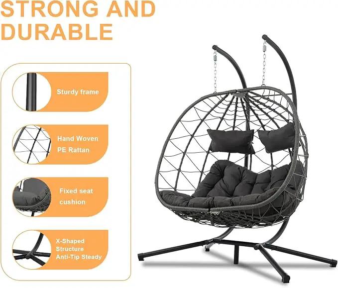 2 Person Double Egg Swing Chair with Stand Indoor Outdoor, Hammock Egg Chair Outdoor, Patio Wicker Hanging Egg Chair w/Cushion 700LBS Capacity for Bedroom, Balcony, Garden, Dark Grey by GreenHaven Gardens