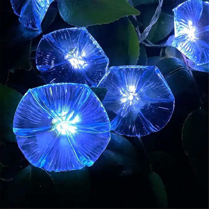Solar Petunia Blue Morning Glory Flowers and Solar Hawaiian Frangipani Flower String Lights Tropical Flowers by GreenHaven Gardens