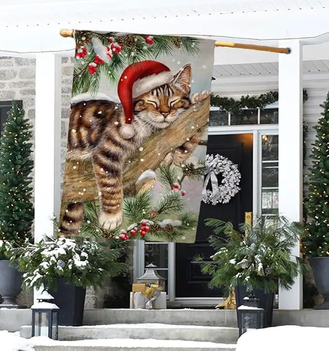 BLKWHT Winter Cat House Flag 28 x 40 Vertical Double Sided Christmas Holiday Outside Decorations Burlap Yard Flag BW738-40 by GreenHaven Gardens