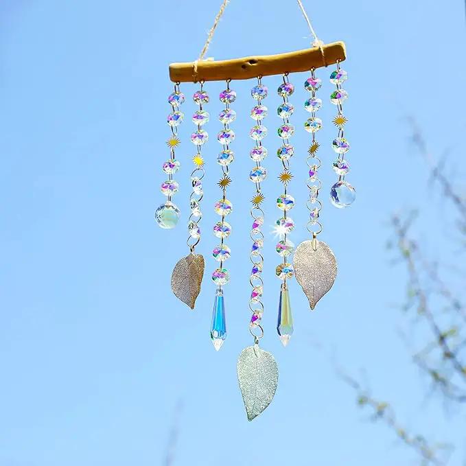 HDCRYSTALGIFTS Hanging Window Suncatcher Rainbow Maker Glass Crystal Mobile Wind Chimes with AB Prisms & Natural Leaf Drops Autumn Home Wall Art Decoration Gift by GreenHaven Gardens