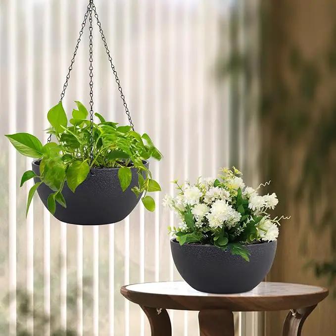 10 inch Hanging Planters for Indoor Outdoor Plants, 2 Pack Hanging Flower Pots with Drainage Holes and Chain for Garden Porch Plants, Round Plastic Hanging Baskets for House Plants, Black by GreenHaven Gardens