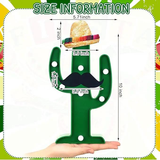 12 Pcs Cinco de Mayo LED Cactus Light with Mini Sombrero Straw Hats and Fake Beard Cinco De Mayo Table Decor Mexican Party Supplies for Table Room Bedroom Party Decoration (4.72 x 2.76 Inch) by GreenHaven Gardens