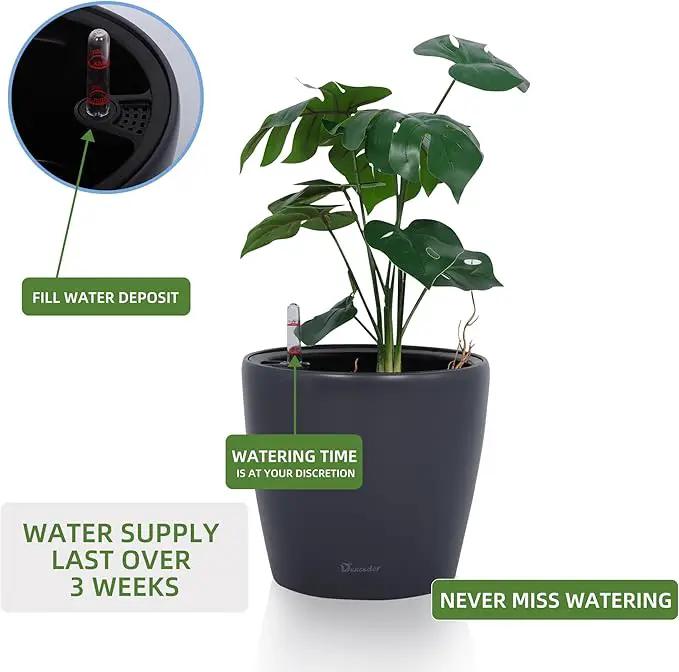 Dexceder 11x10 Inches Self Watering Planter Indoor Outdoor, Inner Pot Design, Thickened Table Flower Plant Pot with Water Level Indicator (Slate Gray Matte) by GreenHaven Gardens