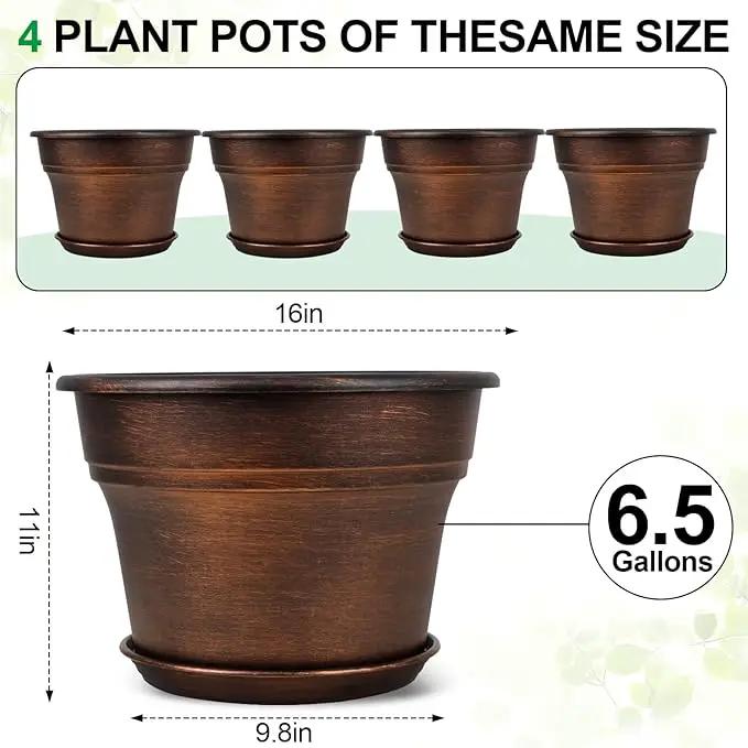 Plant Planters Pots Set of 4 Pack 16 Inch，Large Plastic Flower Pot for Indoor Plants with Drainage Holes & Trays, Resin Decorative Container Sets with Saucer for House Outdoor Garden Plant Copper by GreenHaven Gardens
