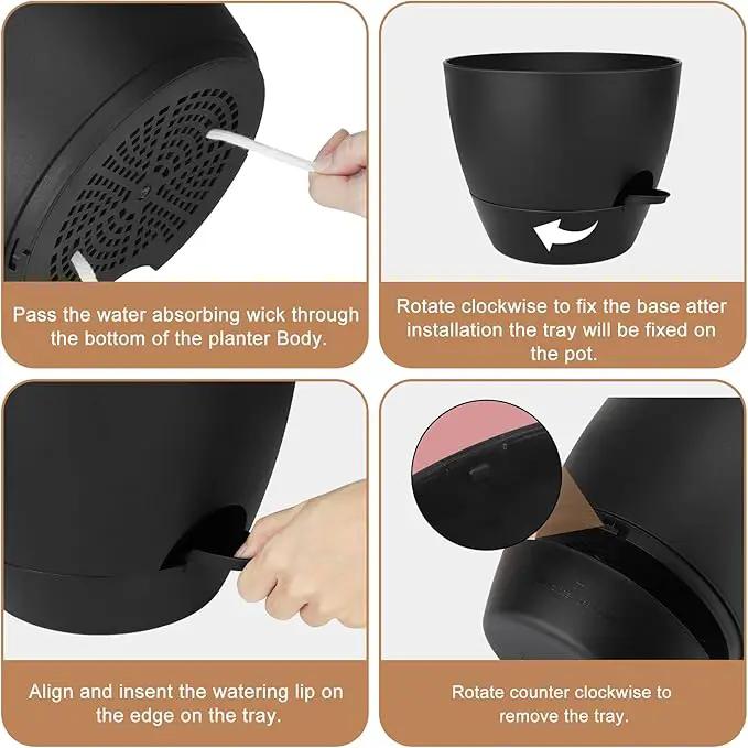 Plant Pots 12/10/9 Inch Self Watering Pots, Set of 3 Plastic Planters with Drainage Holes and Saucers,Plastic Flower Pots,Nursery Planting Pot for Indoor Out Door Plants(Pure Black) by GreenHaven Gardens